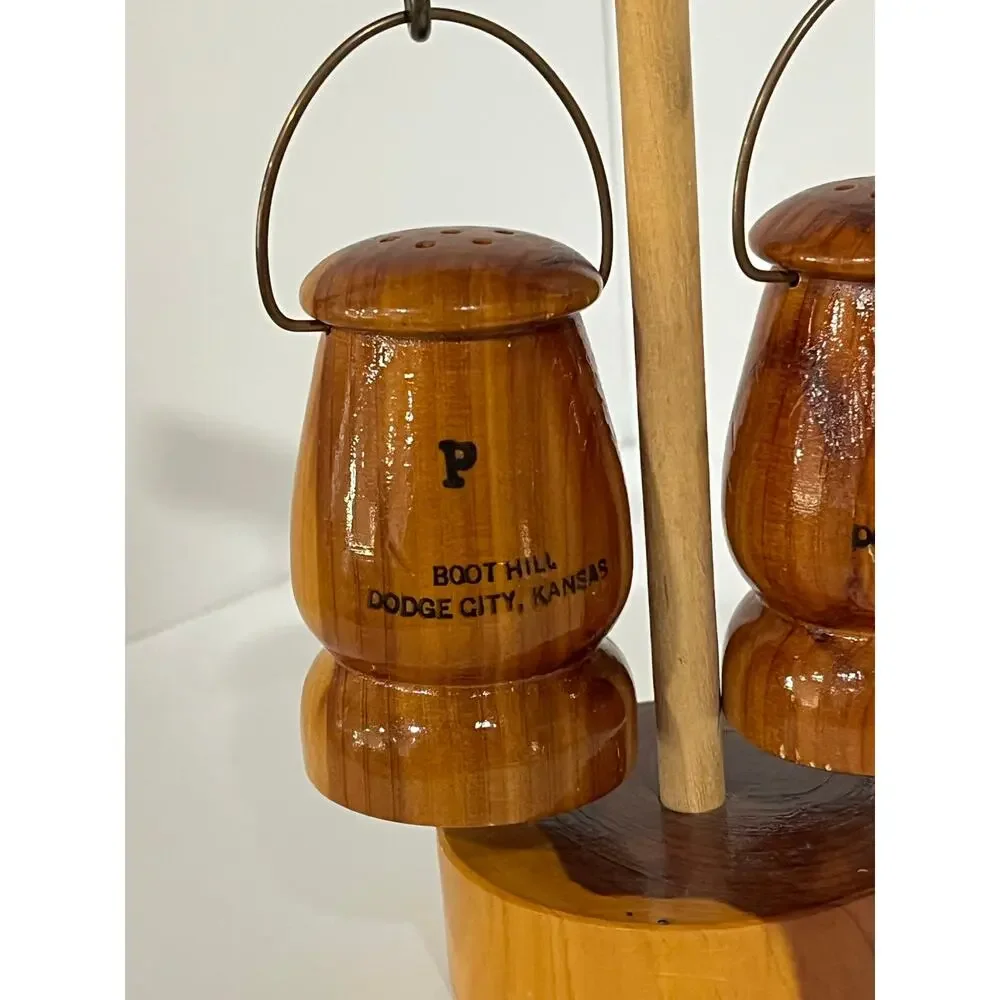 Boot Hill Dodge City KS Salt Pepper Shakers w/‎ Stand Western Cabin Souvenir Set